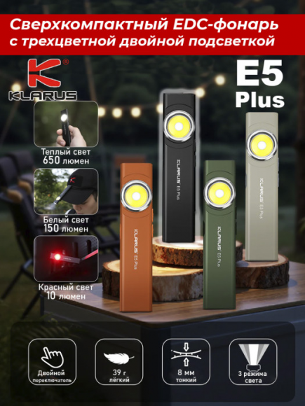 Фонарь EDC KLARUS E5 Plus, 650Lm, акк.500mAh, черный